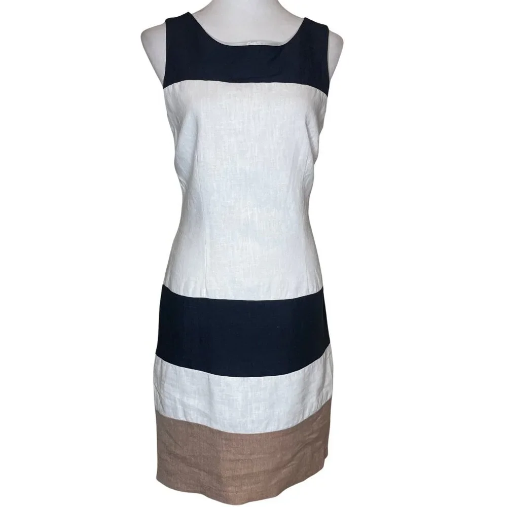 SMEG Collection Coastal Prep Colorblock 100% Linen Shift Dress Size 46 (US 10)